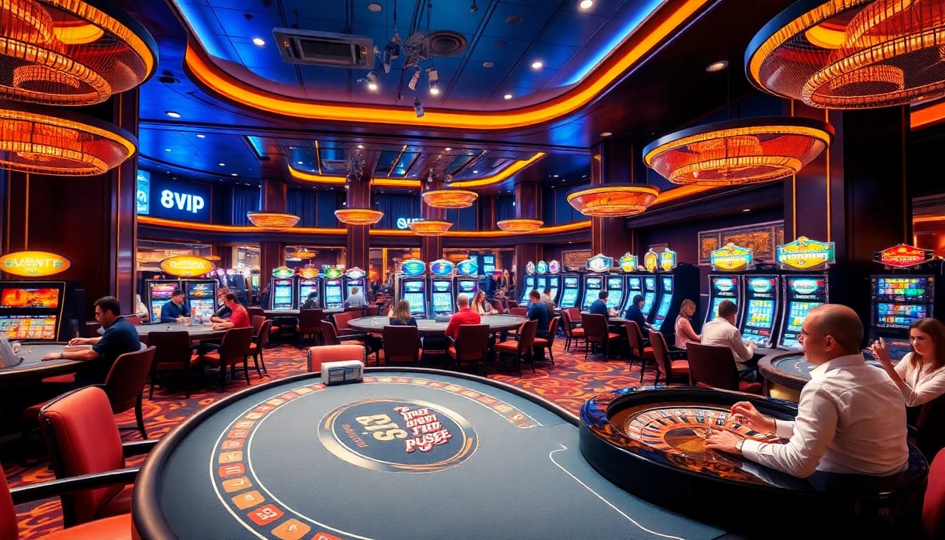 Trụ Sở Nhà Cái 68VIP showing players at luxurious poker tables and sparkling slot machines.