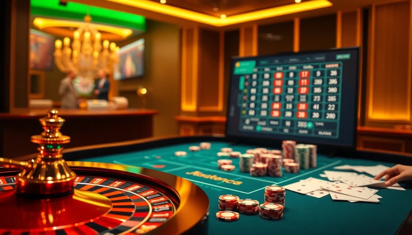 Lively online gambling scene featuring lô đề uy tín with roulette and poker chips, illuminated atmosphere.