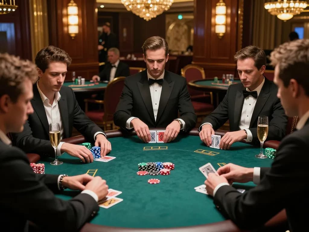 Players engaging in a high-stakes poker game at 32win casino, showcasing intense strategies and excitement.