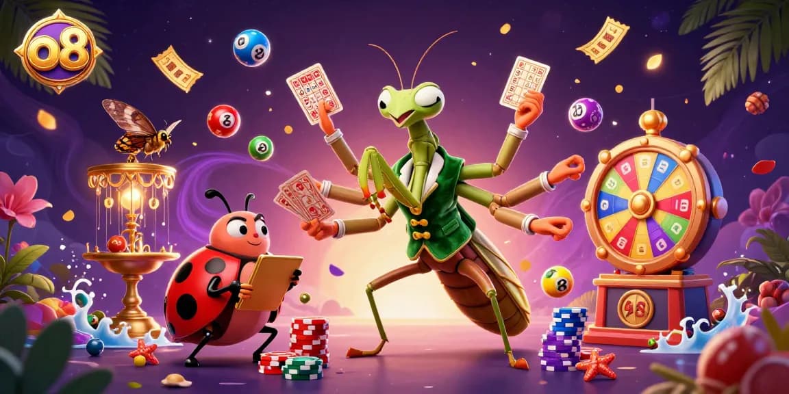 Engage with thrilling games at o8's vibrant casino featuring dynamic lottery elements and casino characters.