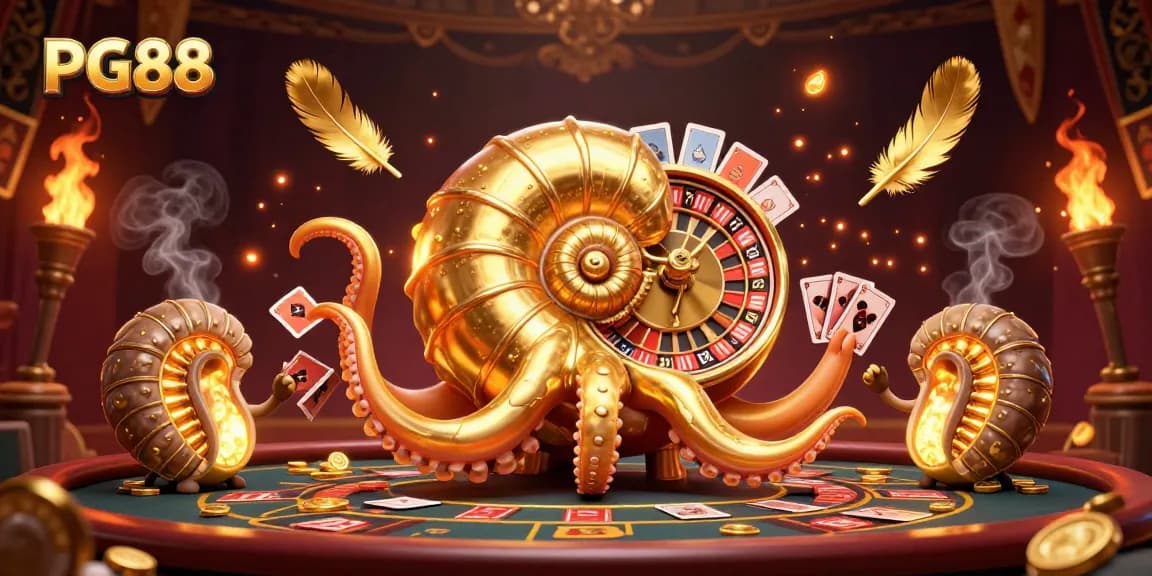 Engage with PG88's vibrant casino experience featuring a glowing nautilus roulette wheel surrounded by dynamic gaming elements.