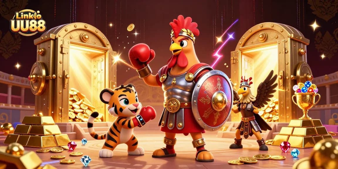Experience the excitement of Link vào UU88 with a dynamic casino scene featuring a gladiator rooster and gold treasures.
