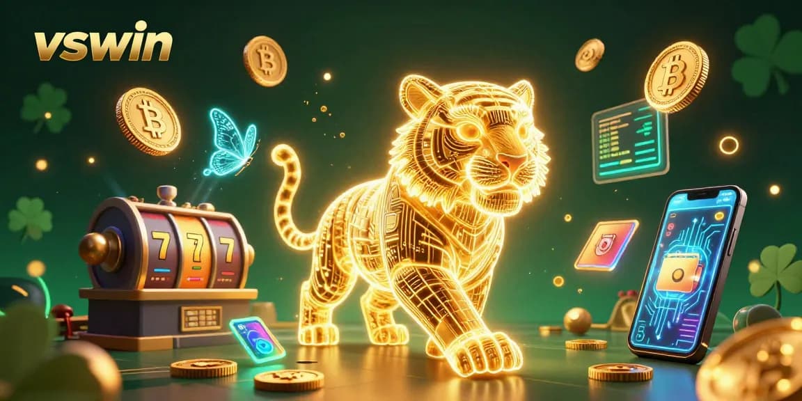 Experience the excitement of vswin, featuring a vibrant 3D digital casino landscape with golden tiger, Bitcoin coins, and jackpot symbols.