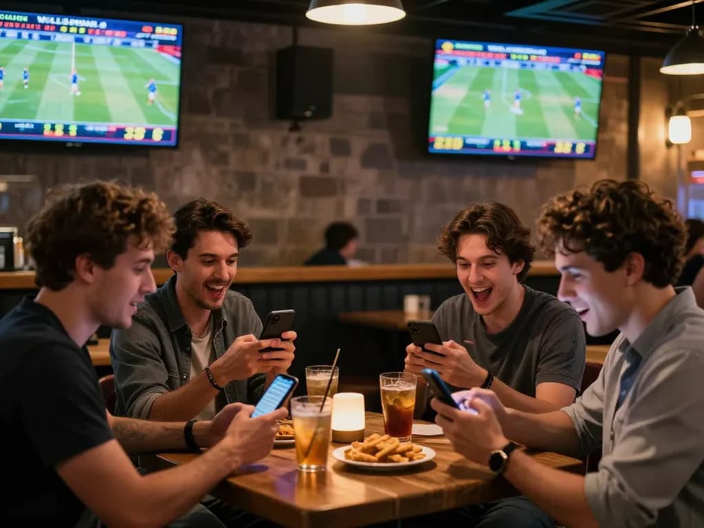 Excited sports fans engaging in live betting while following Nowgoal updates and odds.