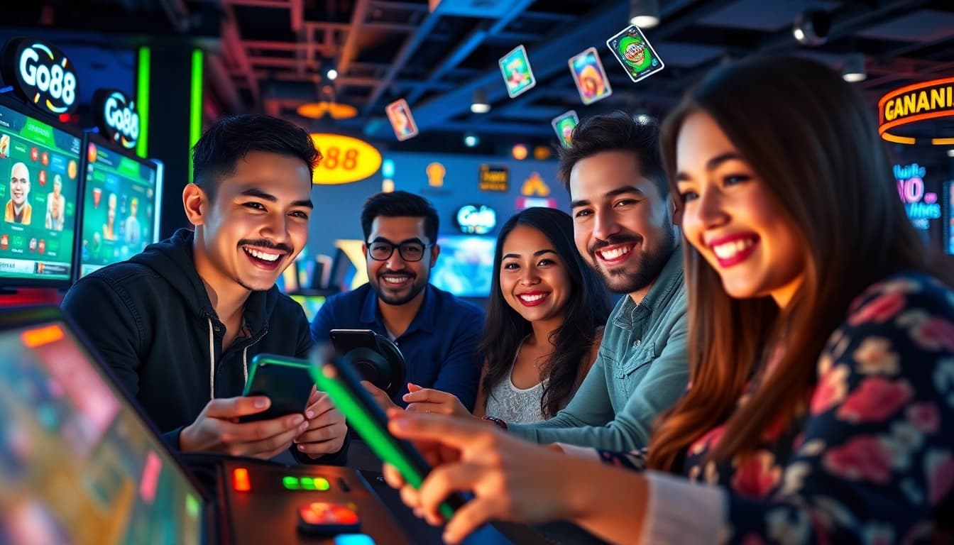 Engaged players enjoying Go88 online gaming platform with vibrant interfaces.