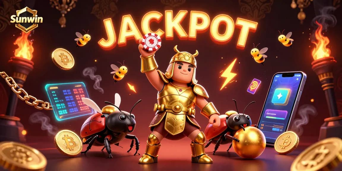 Sunwin players celebrating a jackpot victory with a 3D cartoon beetle scene featuring golden poker chips and vibrant game elements.