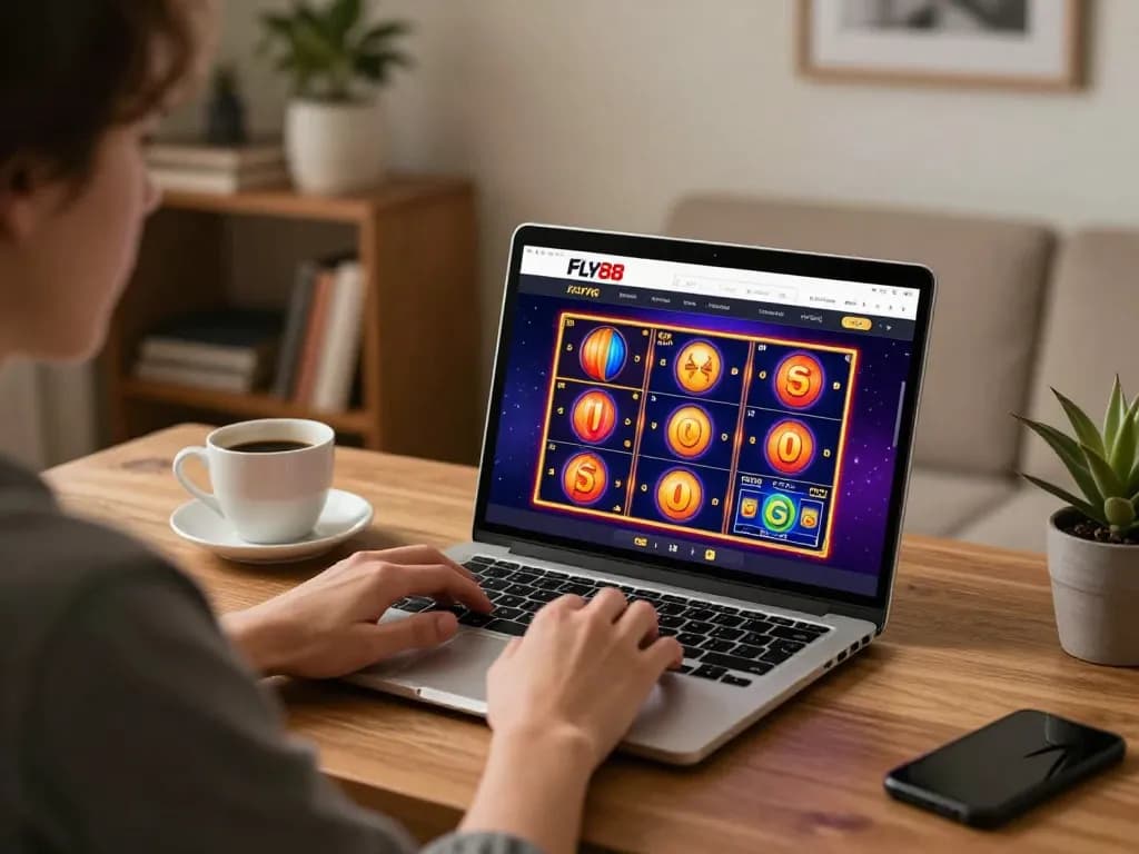 Engaging with FLY88 online gaming platform featuring exciting slot games and cozy home setup