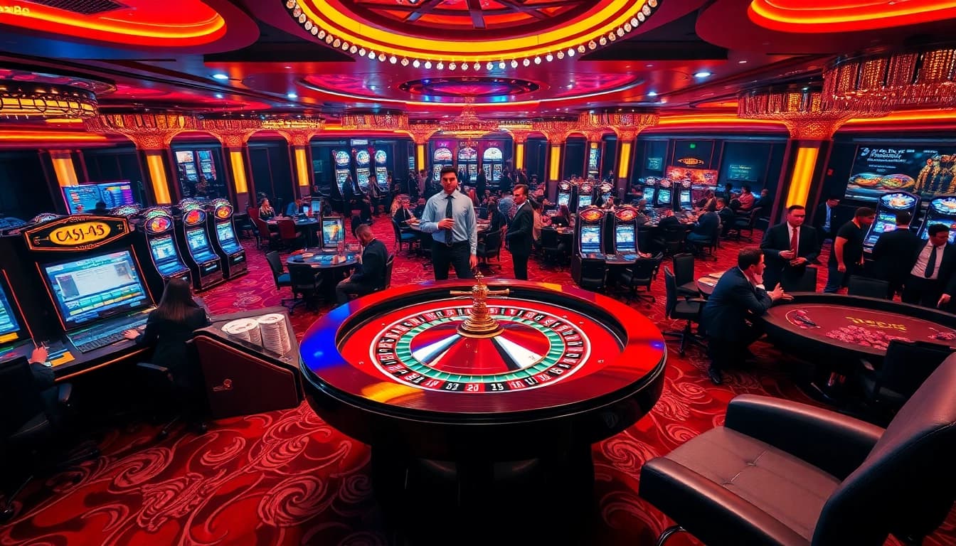 Exciting gambling action at xx88 with vibrant poker and roulette tables showcasing luxury and thrill.