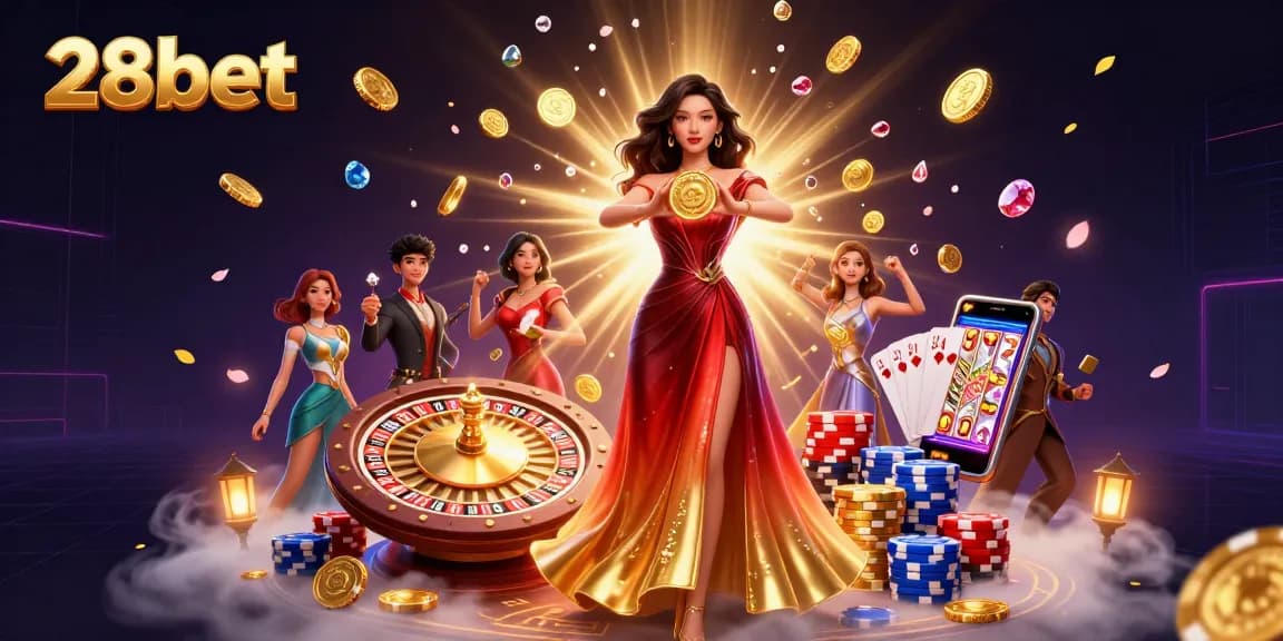 Experience the thrill of 28bet with a stunning illustration of a glamorous Asian woman holding a golden coin surrounded by dynamic casino elements.