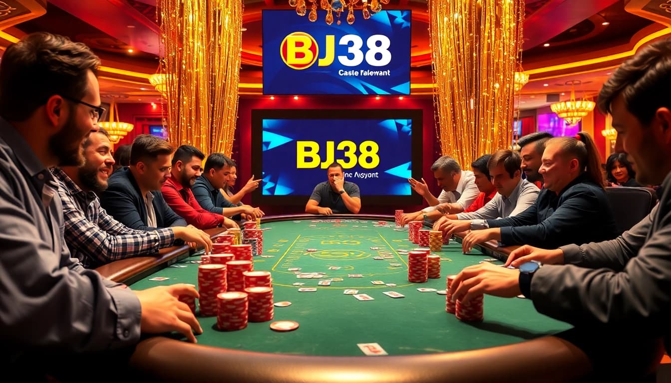 The vibrant casino atmosphere showcasing the excitement of betting at BJ38's poker table with vibrant chips and lively players.