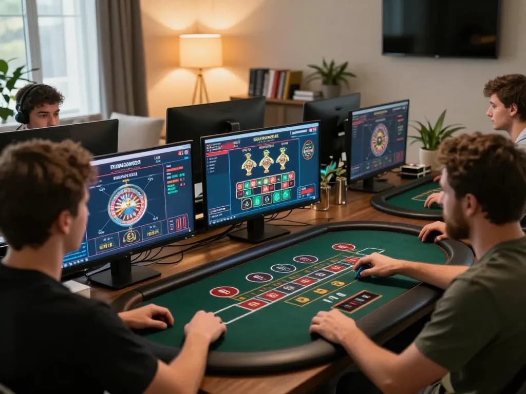 Engaged player strategizing bets at JUN88 online casino setup in a cozy home office
