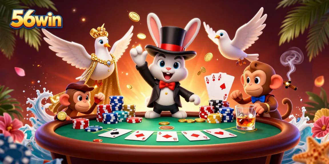 Celebrate wins with 56win's lively casino scene featuring magical characters and poker excitement.