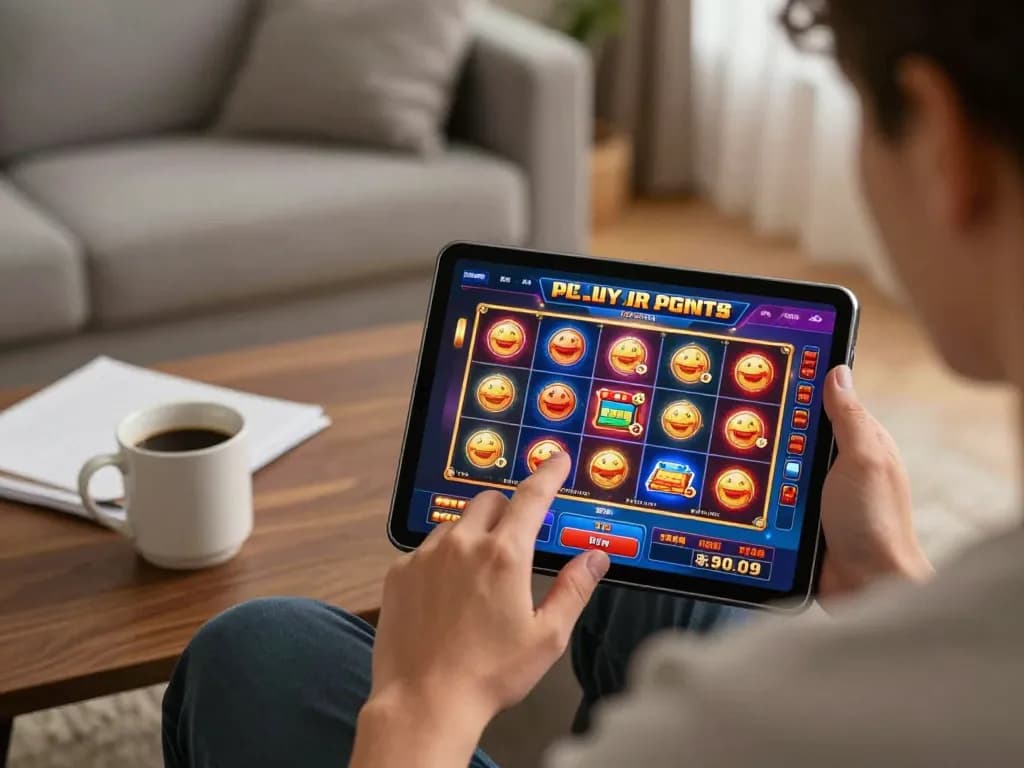 Engage with Go99 as players navigate vibrant online slots on a tablet in a cozy setting.