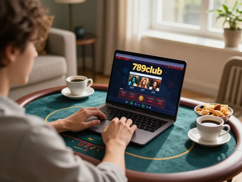 Engaged user playing at 789club online casino with a laptop and snacks in cozy home setup.