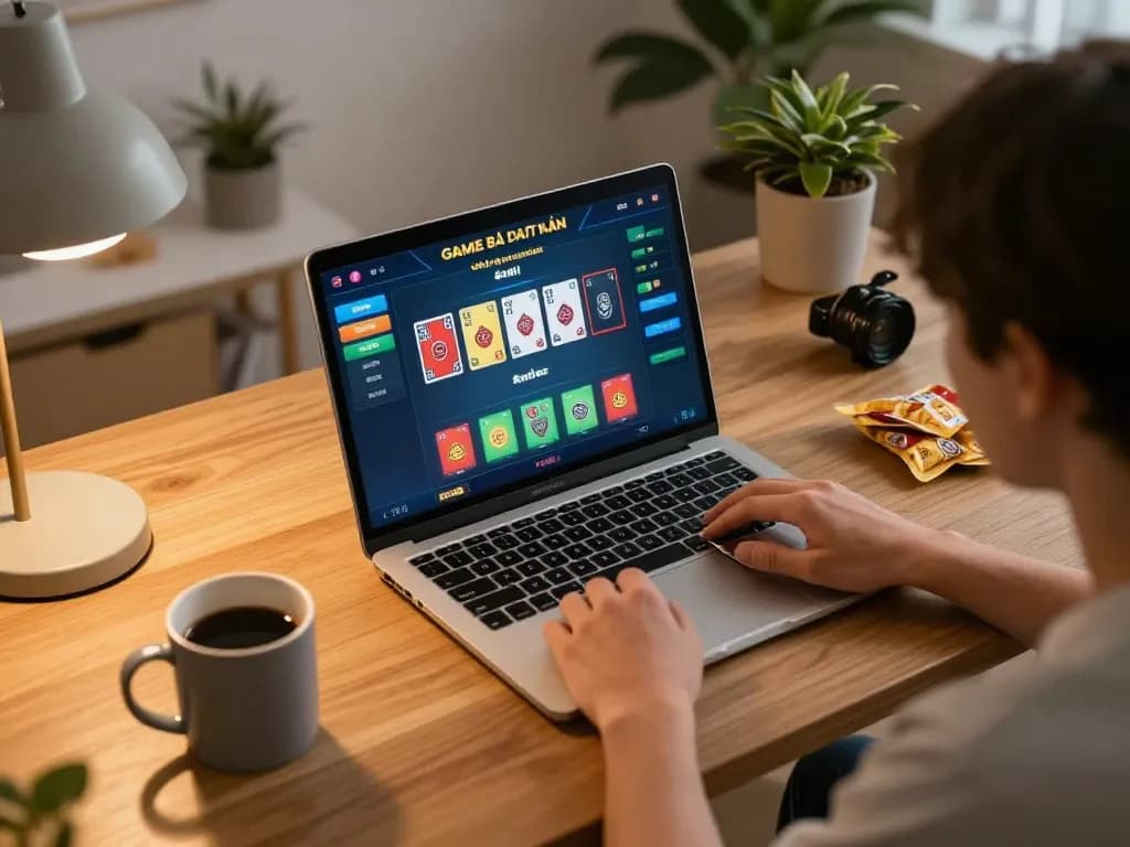 Player engaging in Game bài đổi thưởng online, showing strategic gameplay on a laptop at home.