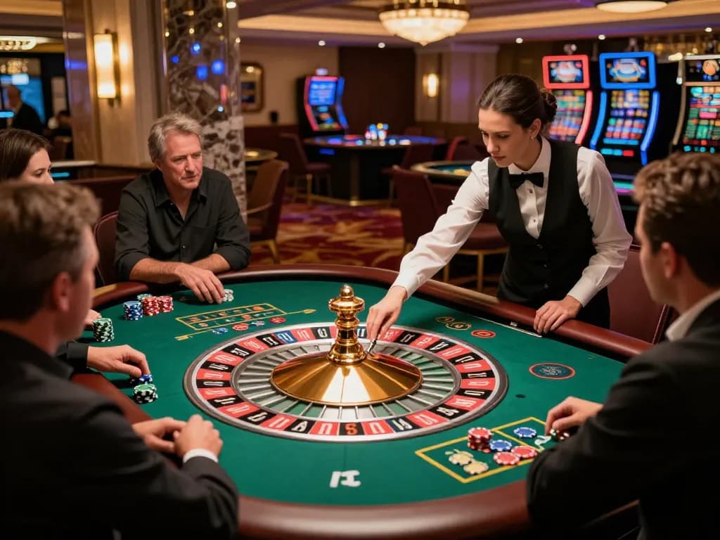 Engaged players watching the roulette wheel spin at https://da88at.com/ with vibrant chips displayed.