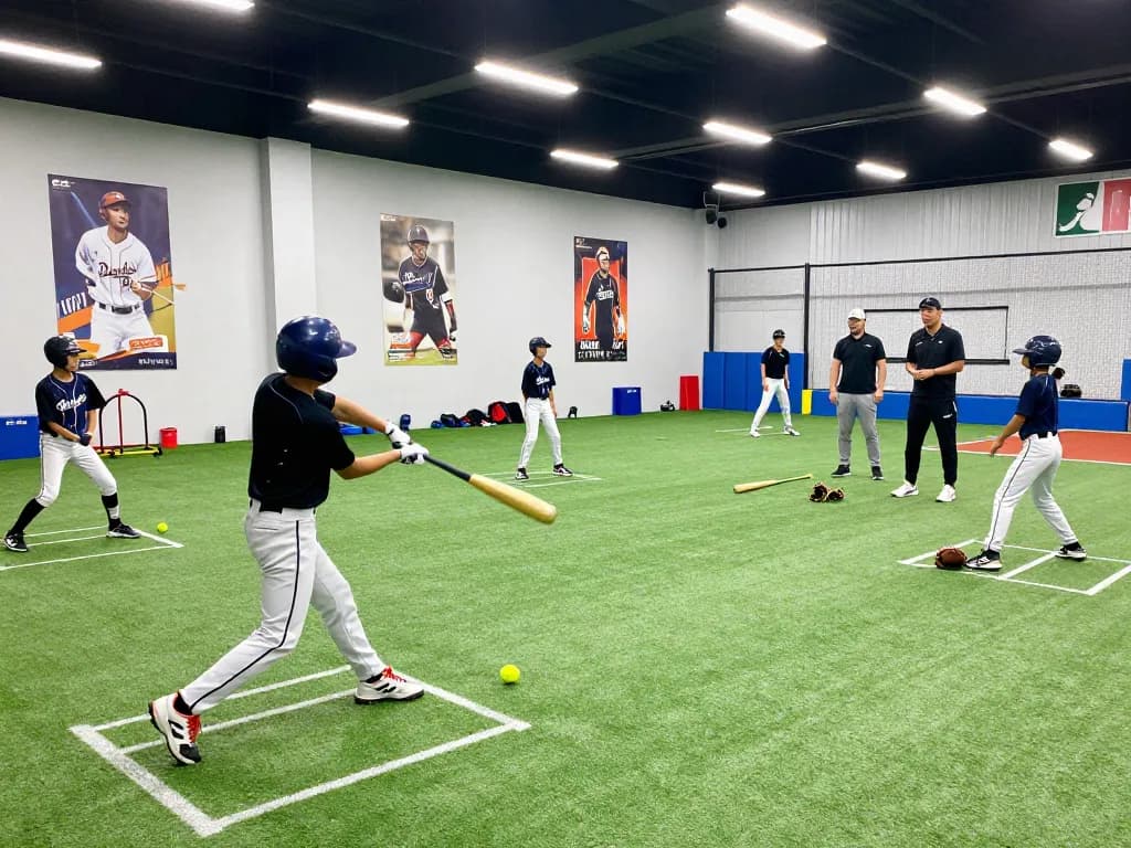 Young athletes training at hitclub facility, practicing baseball with coach guidance and motivational posters.