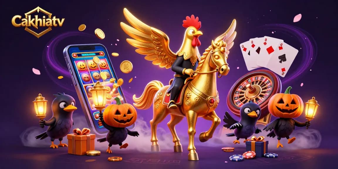 Cakhiatv features an enchanting 3D scene with a golden rooster and mystical elements in a vibrant casino