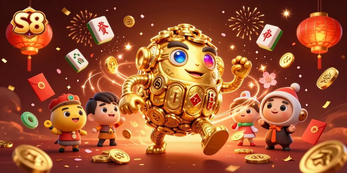 S8 captivates players with an ancient golden golem surrounded by festive casino elements.