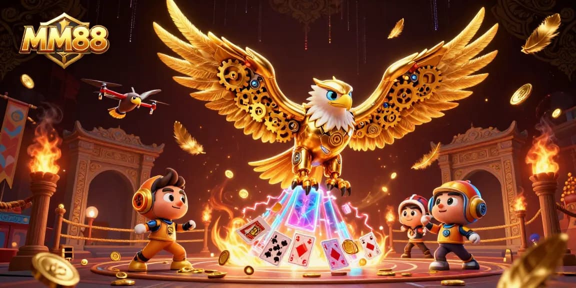 Experience the thrill of MM88 with the cybernetic eagle amidst vibrant casino action.