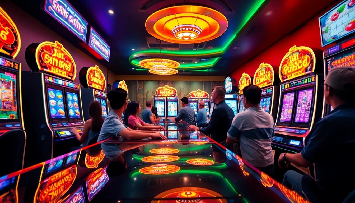 Situs toto offers an exhilarating gaming experience with players engaged at vibrant slot machines in a lively environment.