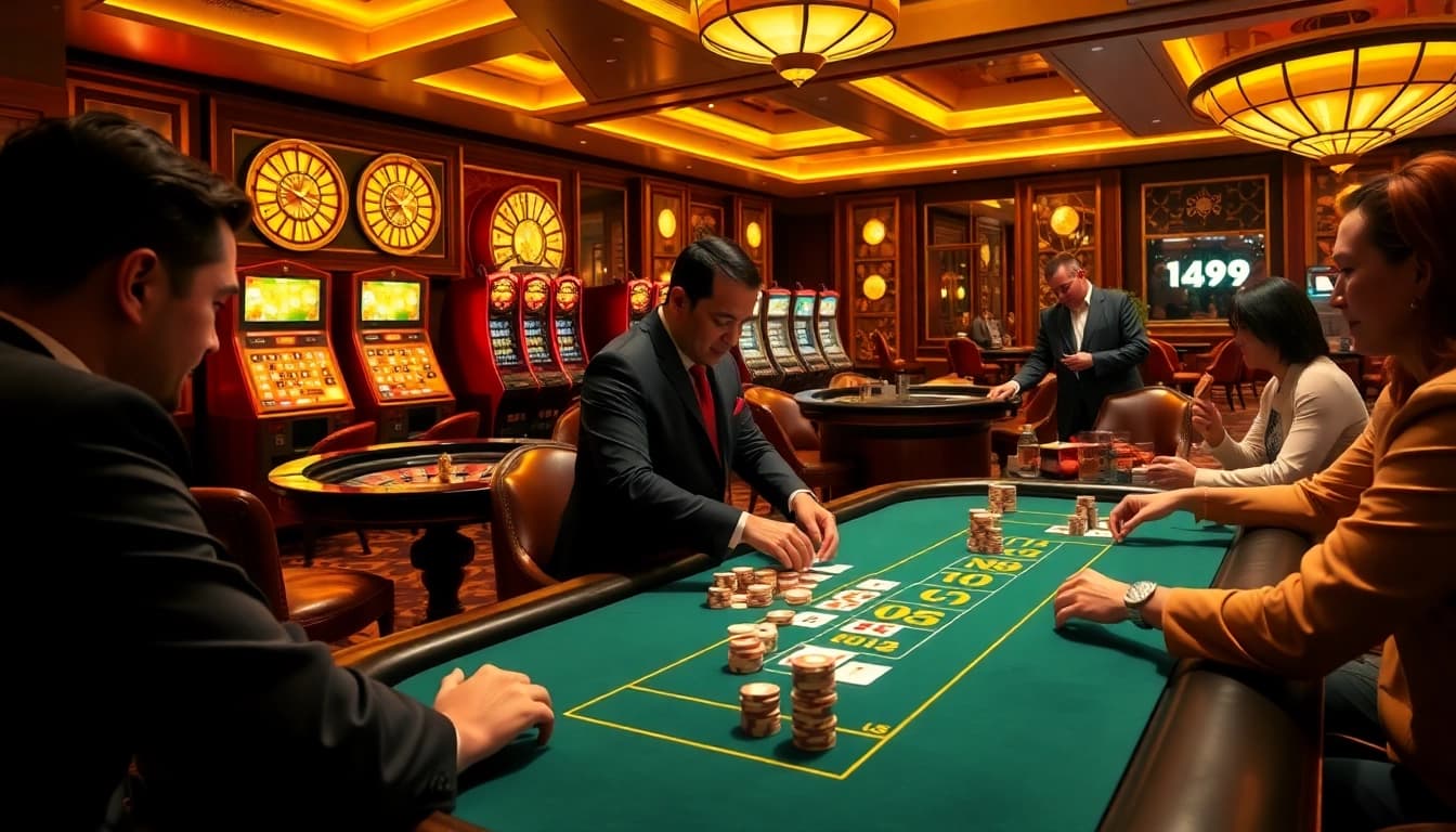 Immersive gambling atmosphere with poker, roulette, and slot machines at ok9 update event.