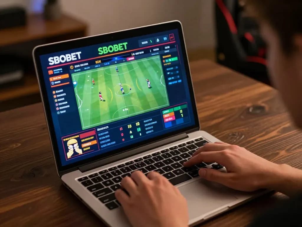 SBOBET user engaging in live sports betting on a laptop, showcasing real-time excitement and engagement.