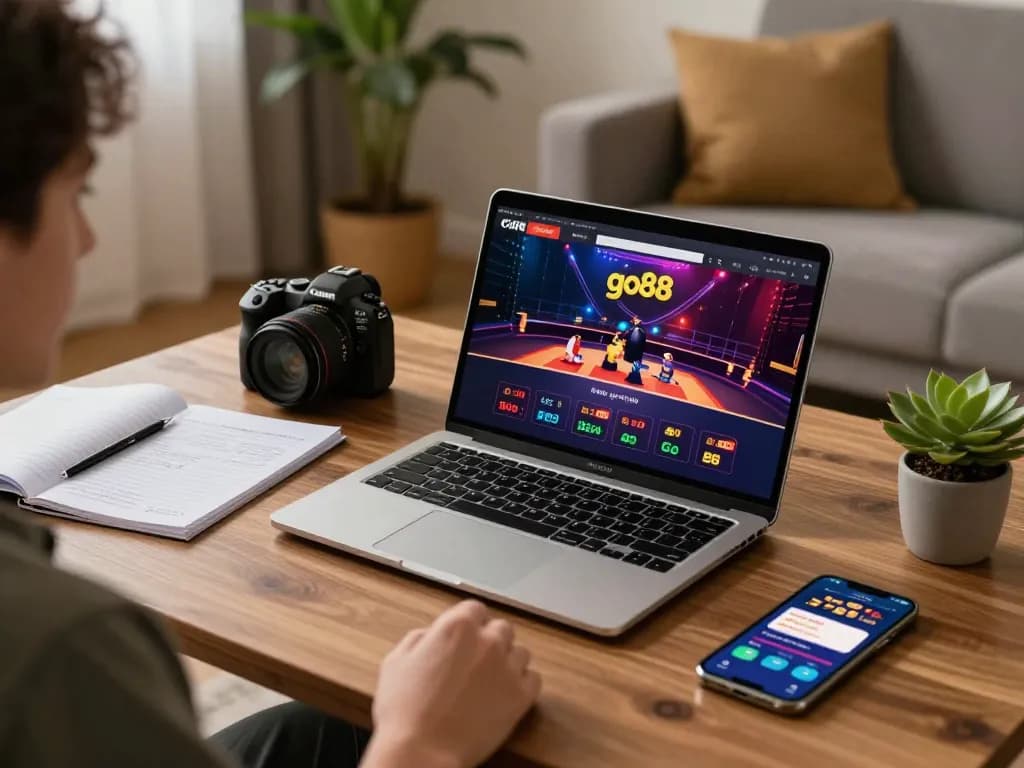 Player using go88 app on a stylish laptop in a cozy home, showcasing online casino excitement