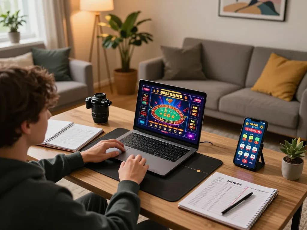 Engaging in online betting on 68win com, person analyzing strategies on their laptop in cozy home setting