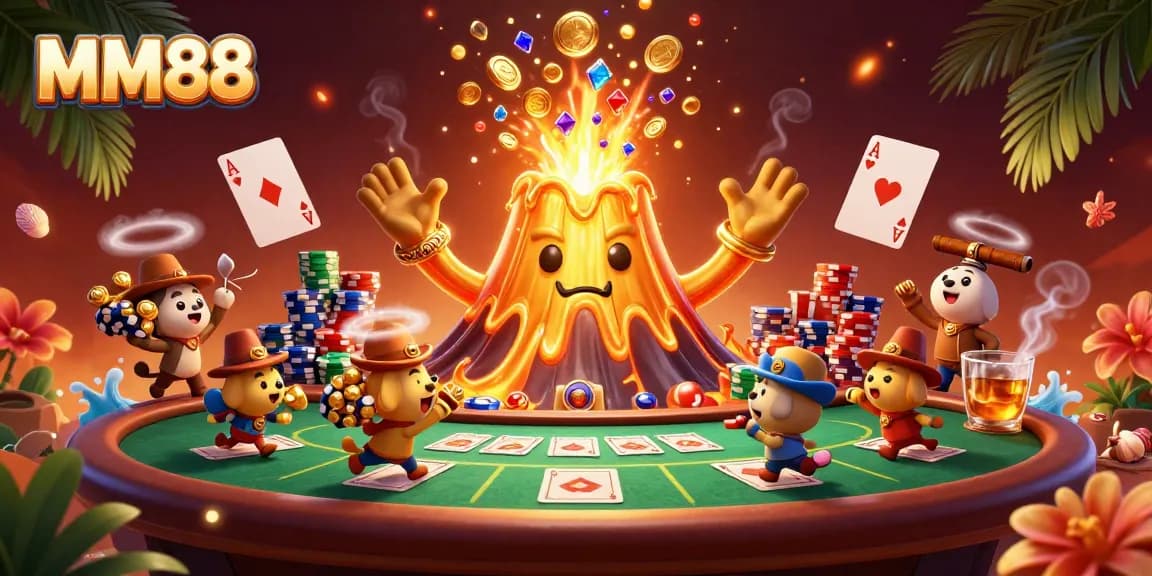 Experience the thrill of MM88 as treasure erupts from a golden volcano amidst an exciting poker scene.