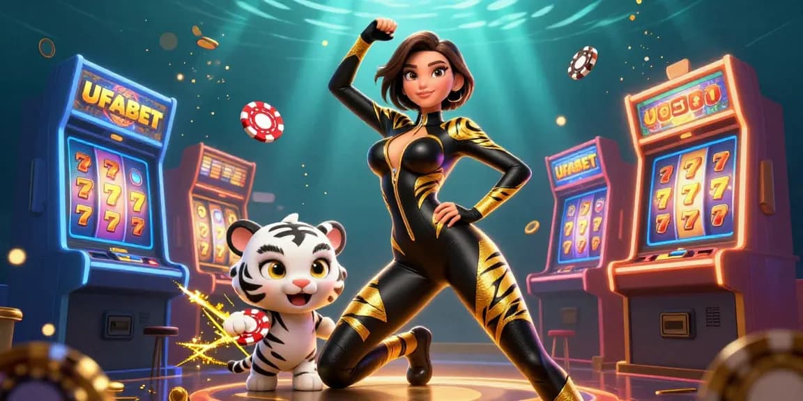 Engage with UFABET's vibrant slot adventure featuring a dynamic woman and playful baby tiger.