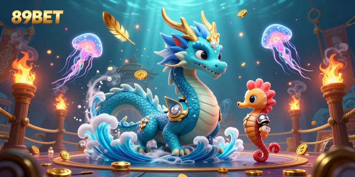 Engage with the vibrant 3D scene of 89BET, featuring a dragon, seahorse knight, and jellyfish in an underwater casino.