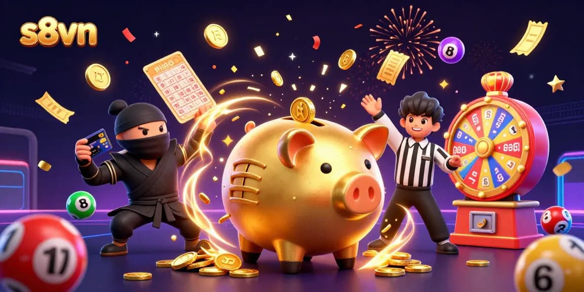 s8vn powers winning moments with a lively casino scene featuring a dynamic piggy bank sumo wrestler.