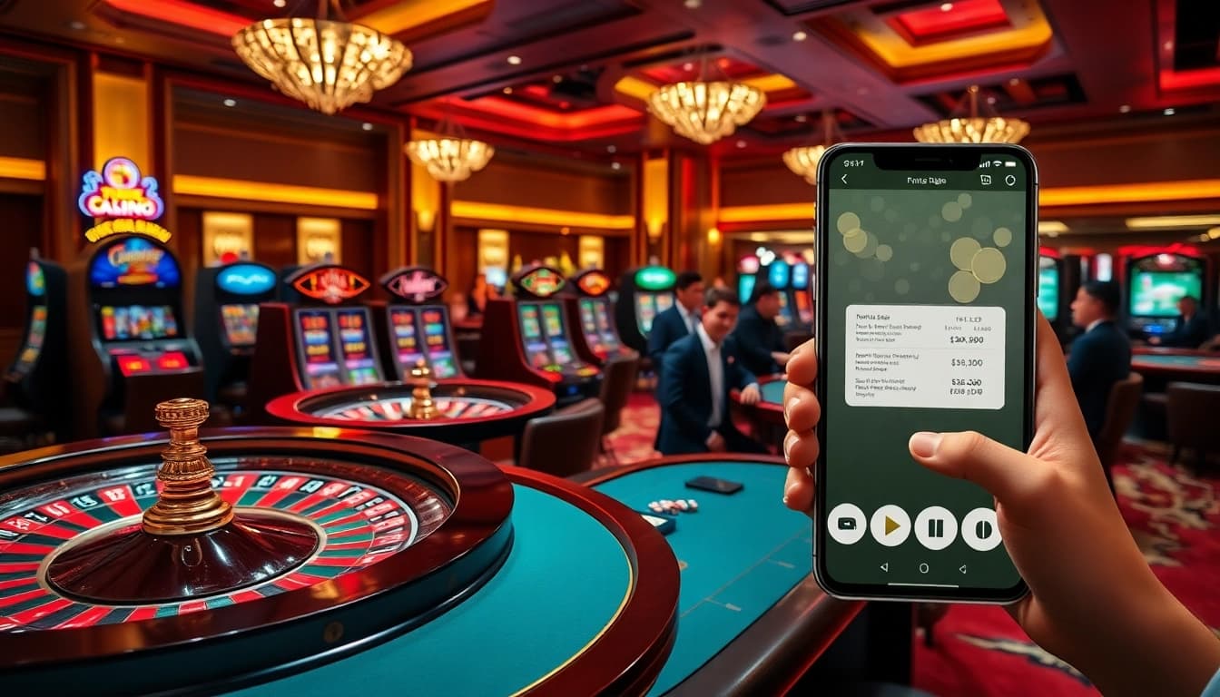Experience the excitement of nhà cái uy tín at a luxurious casino with vibrant tables and slot machines.
