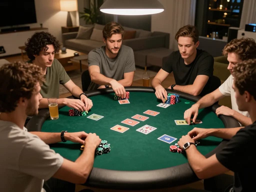 MISO88 players enjoying a strategic poker night, intense focus on gameplay with chips and cards visible
