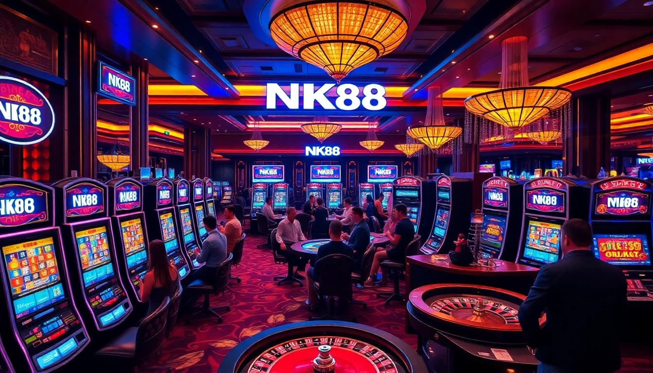 NK88 players enjoy exciting slot machines and poker tables in a luxurious casino setting.