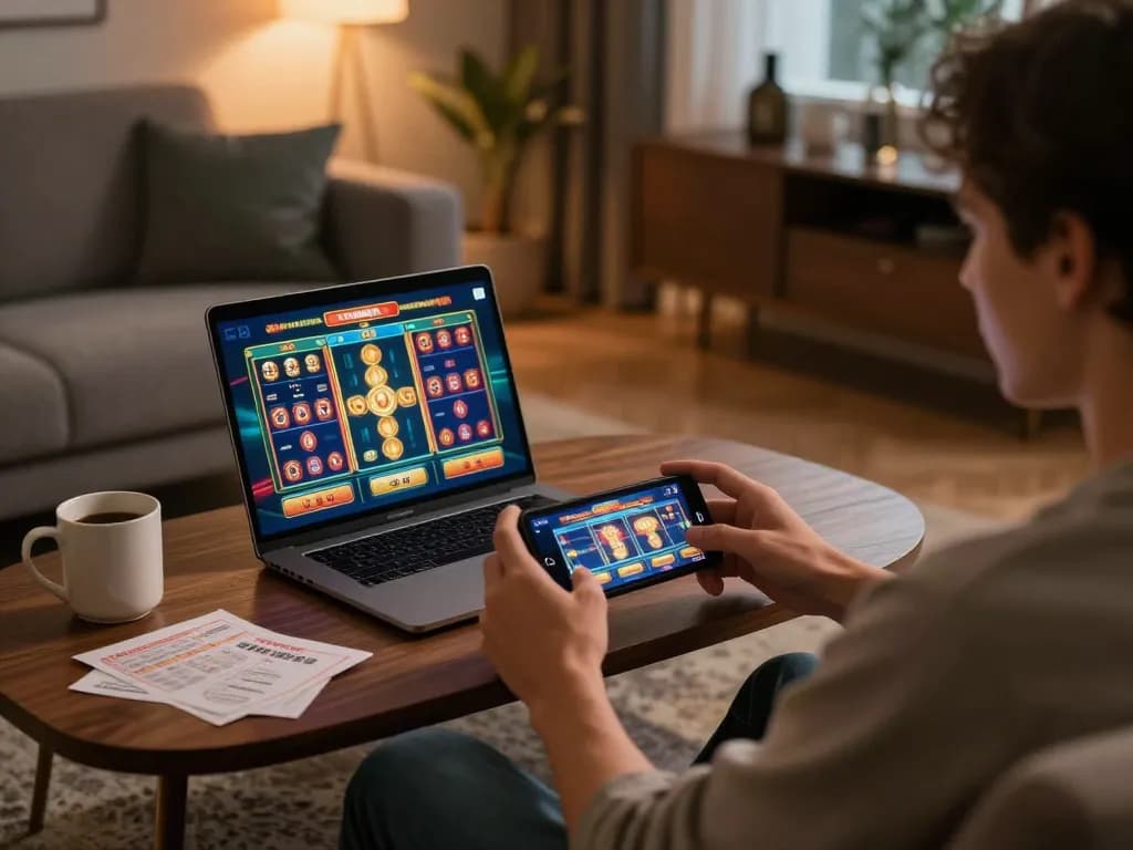 Player enjoying lv88 mobile casino gaming on cozy sofa with online slots displayed