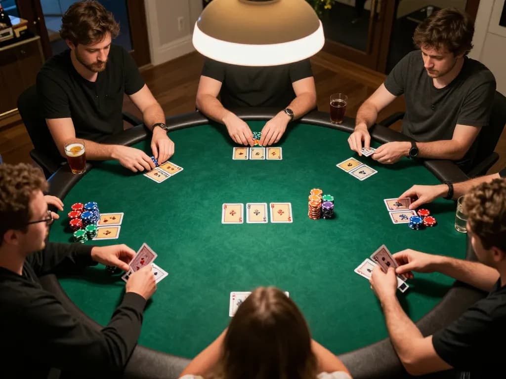 Net88 players engaged in a dynamic poker game at a home gathering, vibrant lights enhancing the excitement.