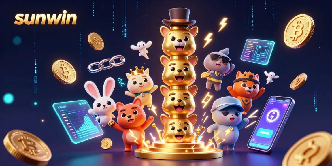 Experience the excitement of sunwin with vibrant 3D casino elements and glowing cryptocurrency coins.