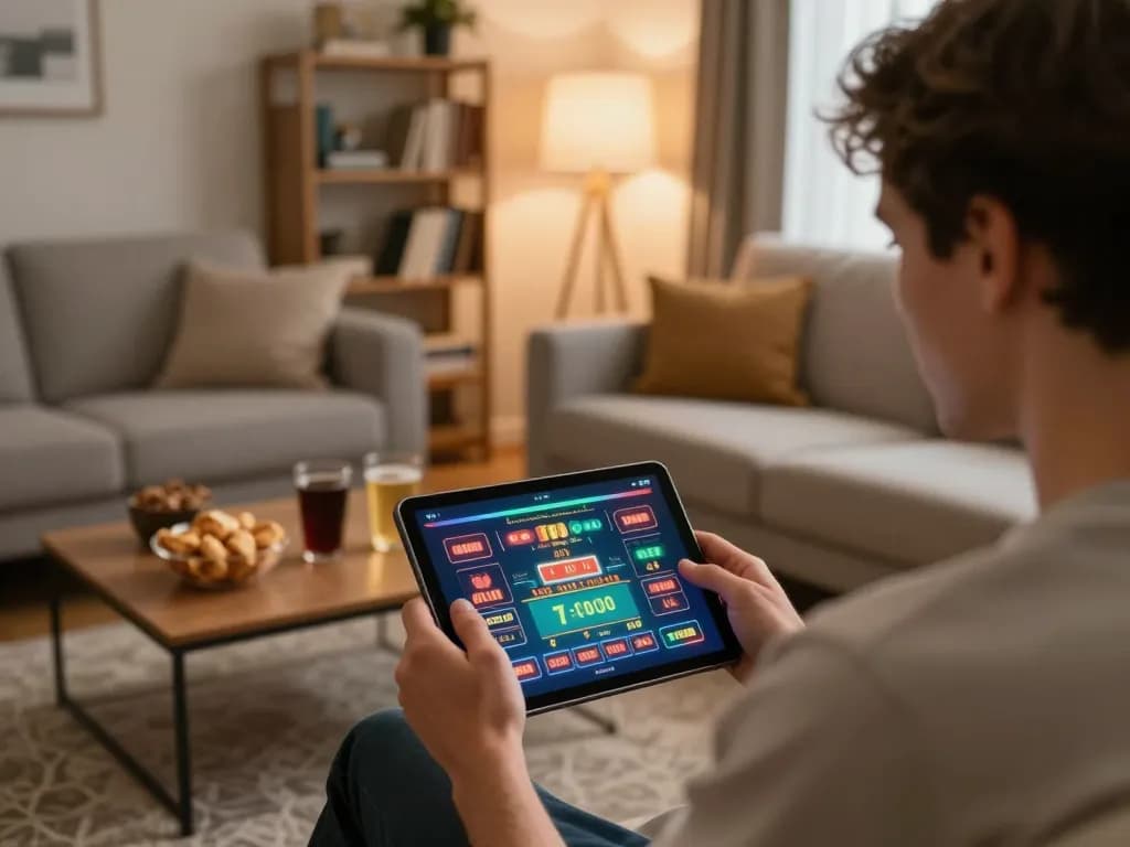 Engaging with casino app on tablet in cozy setting at lv88nyc, emphasizing home gaming.