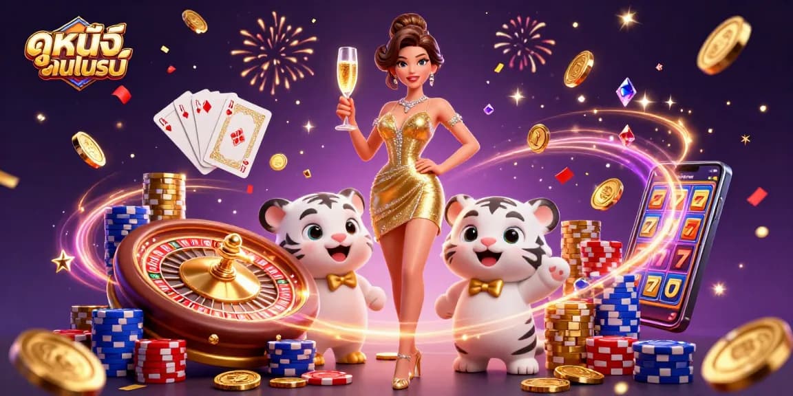 Experience ดูหนังออนไลน์ with an engaging illustration of a woman in a gold dress and a lucky white tiger at a vibrant casino.