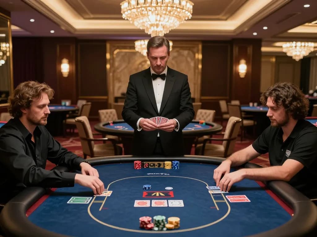 KUWIN poker players strategizing at an exclusive table in a luxurious casino setting.