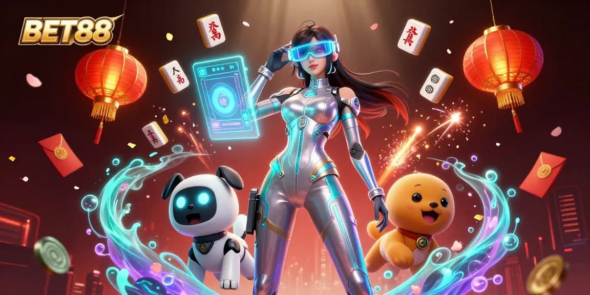 Engage with BET88's vibrant gaming experience featuring futuristic characters and dynamic casino elements.