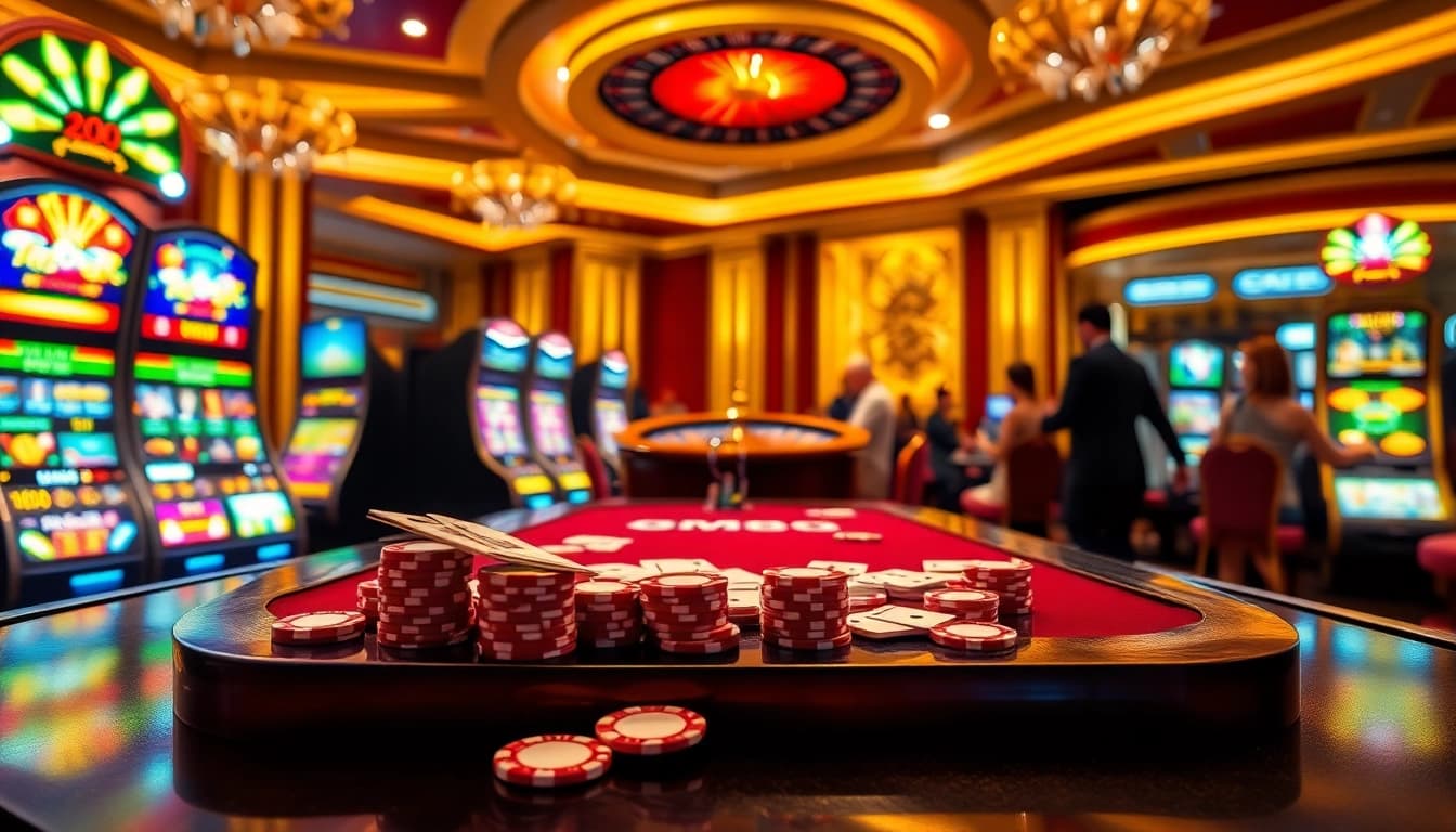 Experience high-stakes gaming at MM88 with luxurious casino tables and vibrant slot machines.