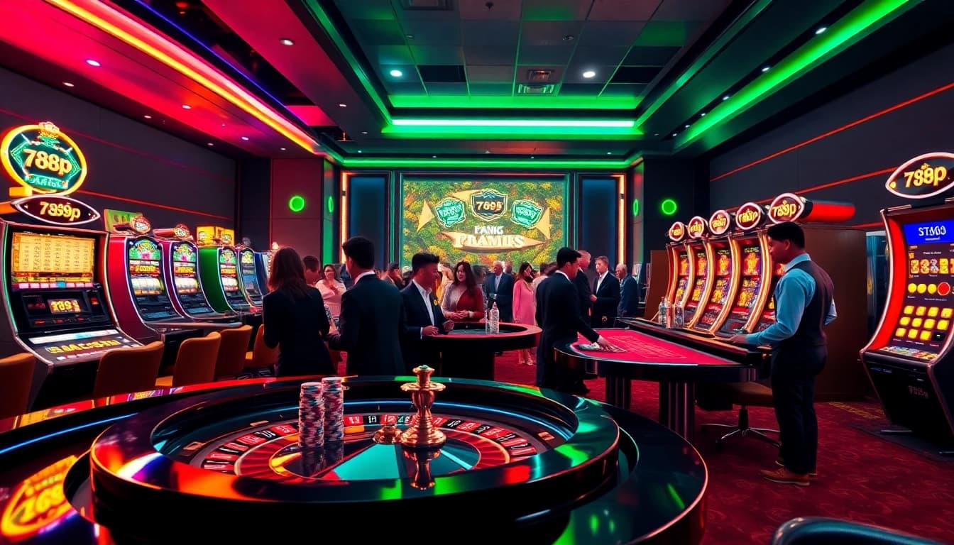 Gamble with excitement at 789p's vibrant casino scene featuring roulette and slot machines.