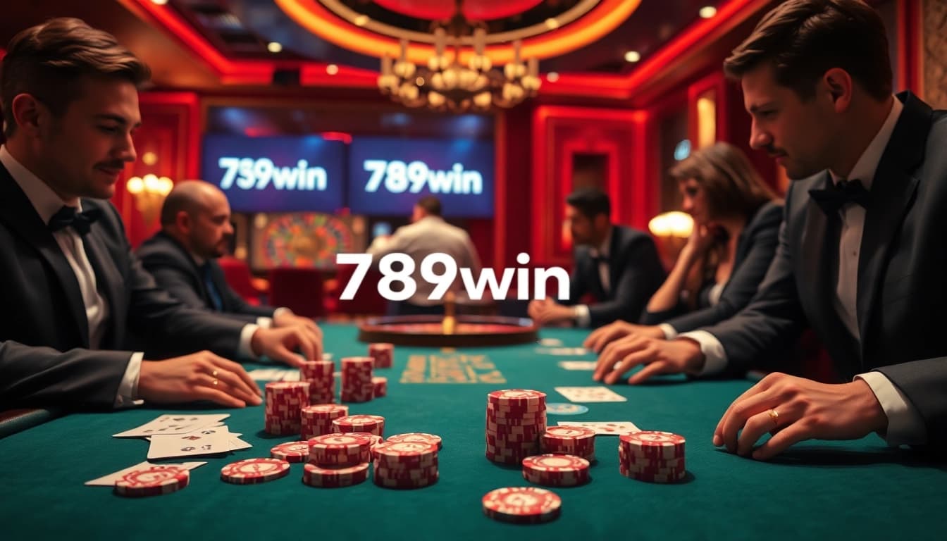 Engaging scene of poker gameplay featuring 789win vom logo among luxurious casino elements.