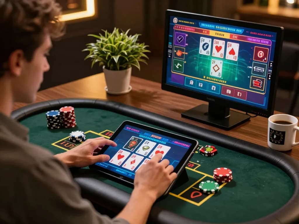 Engaging online gambling experience at https://go8.agency/ with tablet displaying live dealer game and betting options.