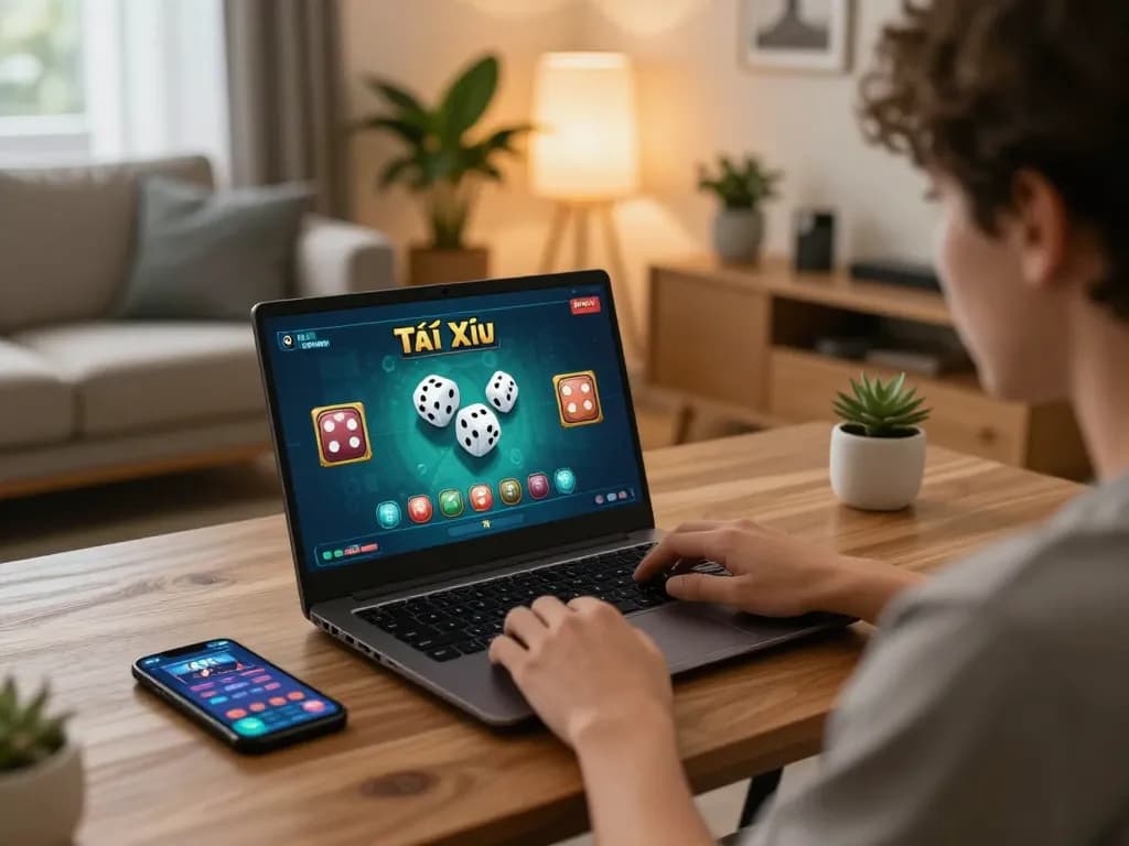 Engaged user playing Tài Xỉu online at home with laptop on cozy setup, taixiuonline8 experience
