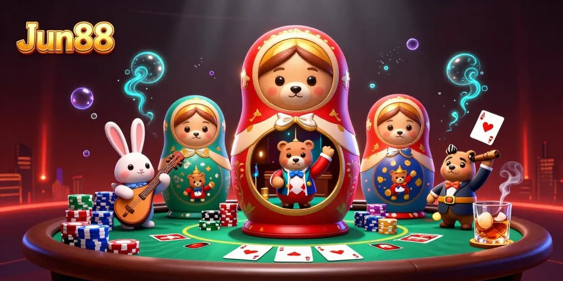 Play casino games at Jun88 featuring themed illustrations of poker and vibrant characters.