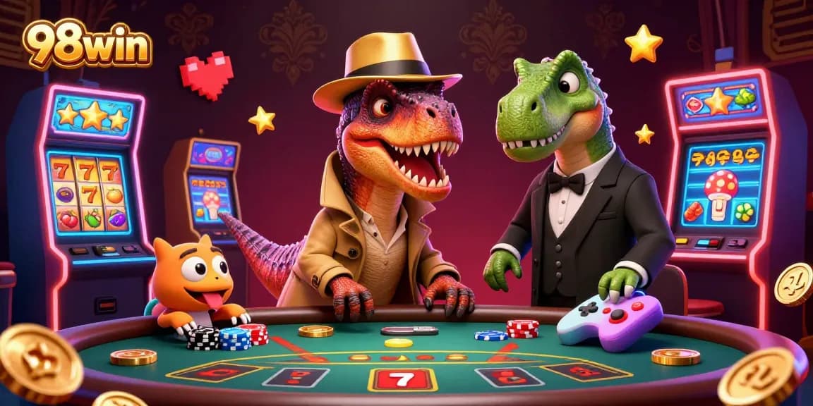 Experience thrilling casino action at 98win with cartoon characters amidst slot reels.